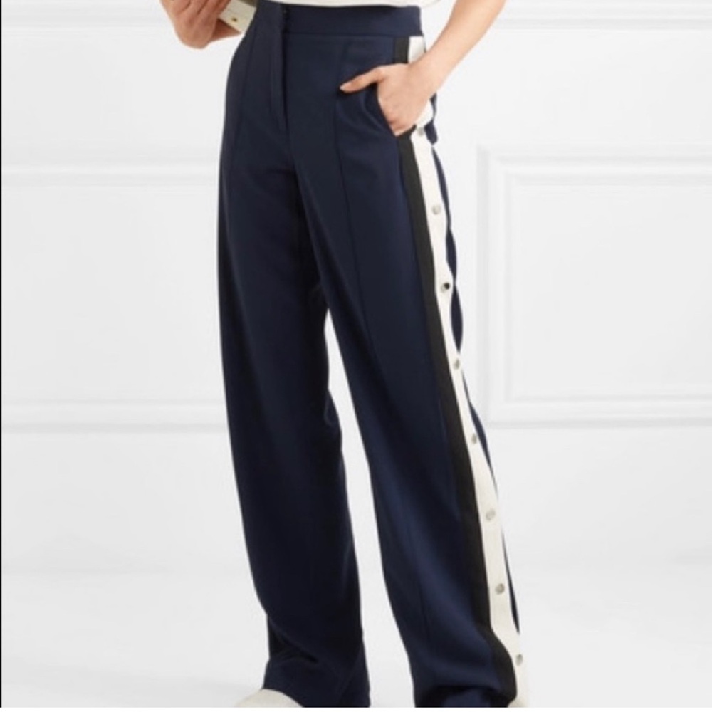 Veronica Beard navy blue wide leg pants with white side panel and button detail